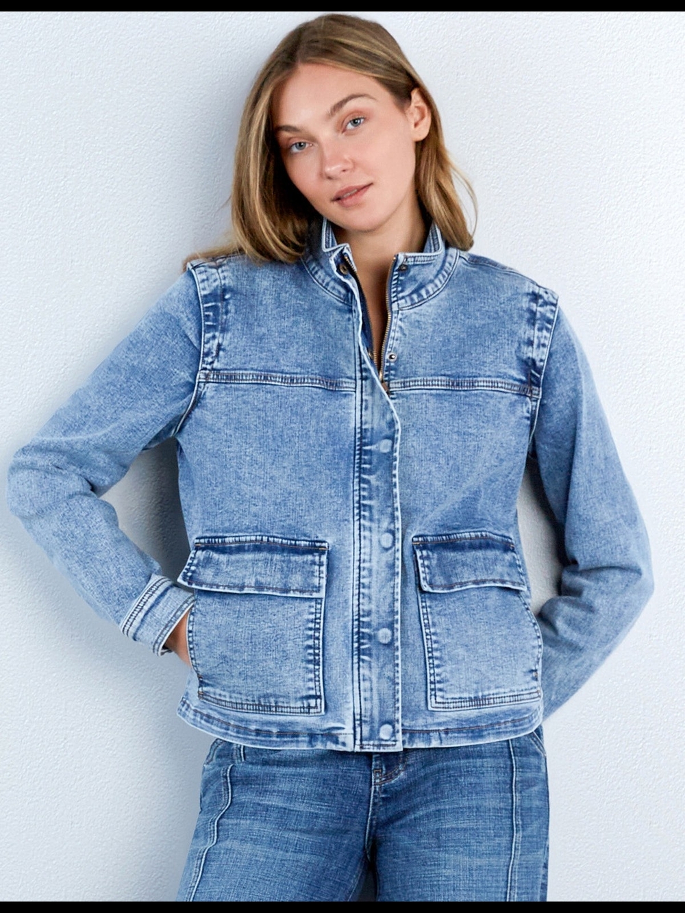 Wash Lab Washed Light Blue Denim Jacket with Snap Front Small